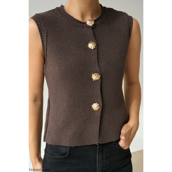 Gold Düğme Kahverengi Yelek