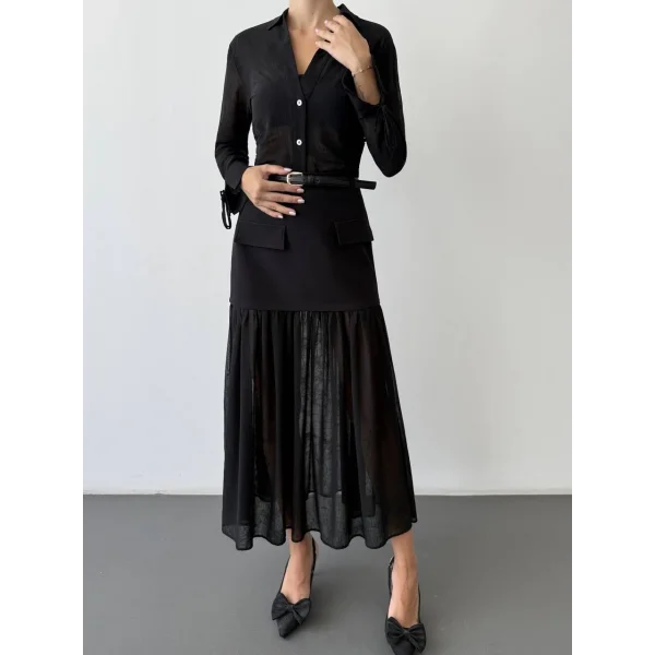 Tül Garnili Kemerli Midi Boy Etek-Siyah