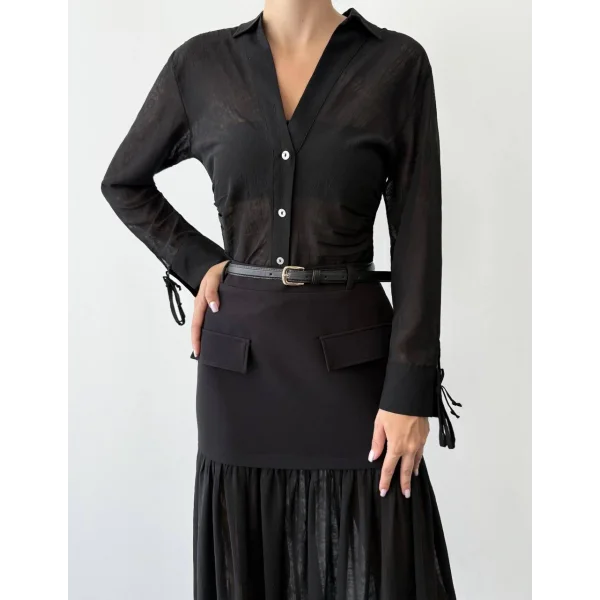 Tül Garnili Kemerli Midi Boy Etek-Siyah