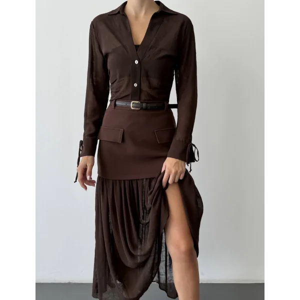 Tül Garnili Kemerli Midi Boy Etek-Kahverengi