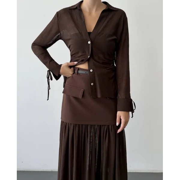 Tül Garnili Kemerli Midi Boy Etek-Kahverengi