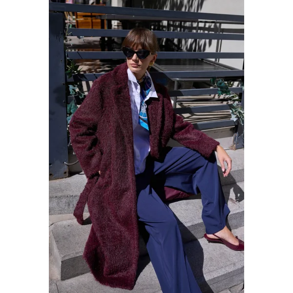 Bağlamalı Tüy Dokulu Mürdüm Kürk Kaban