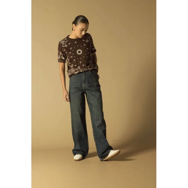 Baskılı Triko Kısa Kol Kazak-Kahverengi