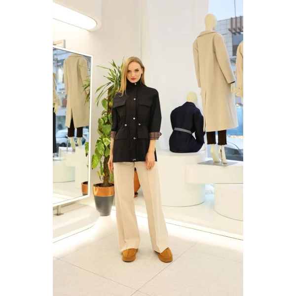 Tiffany Ekose Astarlı Trençkot-Siyah