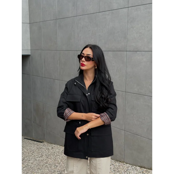 Tiffany Ekose Astarlı Trençkot-Siyah