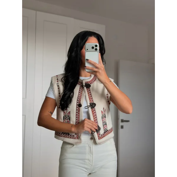 Nakış İşlemeli Süet Yelek-Taş