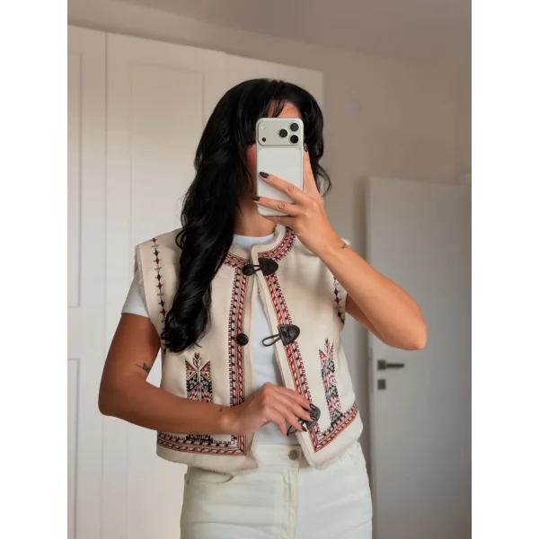 Nakış İşlemeli Süet Yelek-Taş