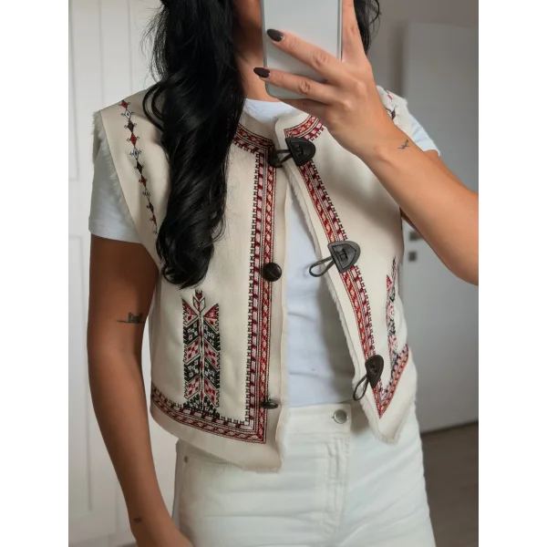 Nakış İşlemeli Süet Yelek-Taş