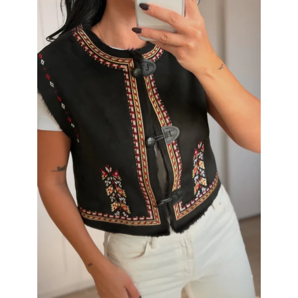 Nakış İşlemeli Siyah Renk Süet Yelek