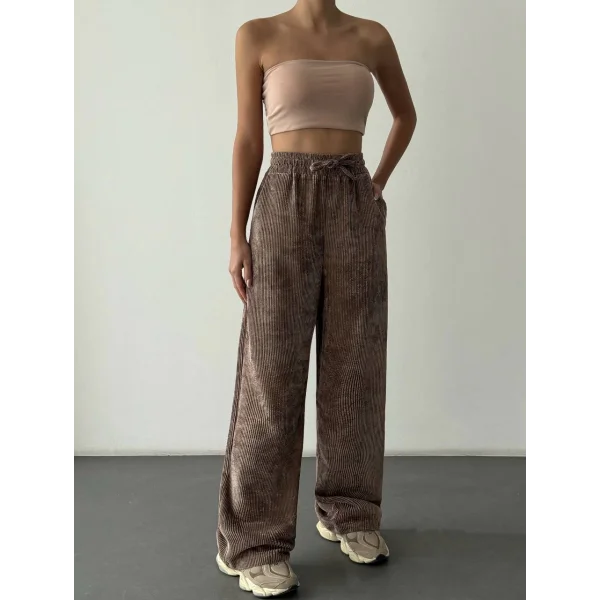 Beli Lastikli Kadife Pantolon-Kahve