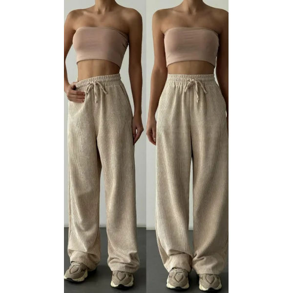 Beli Lastikli Kadife Pantolon-Krem