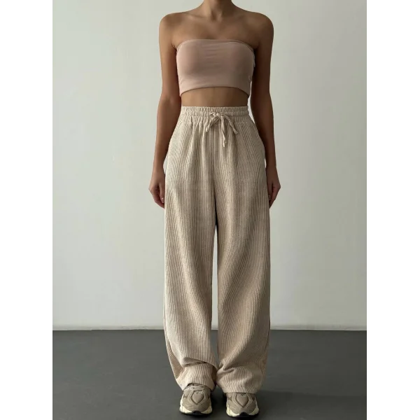 Beli Lastikli Kadife Pantolon-Krem