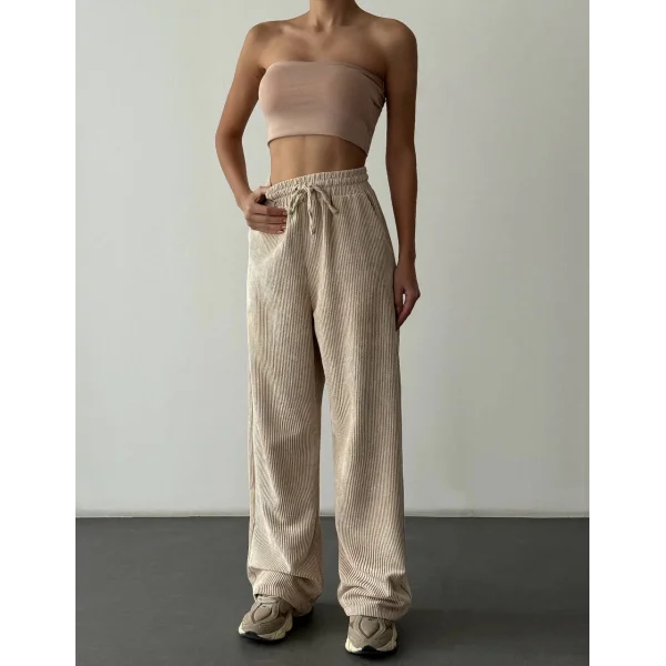Beli Lastikli Kadife Pantolon-Krem