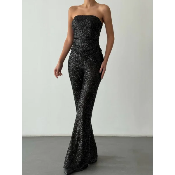 Payetli Straplez Bluz Pantolon Takım-Siyah