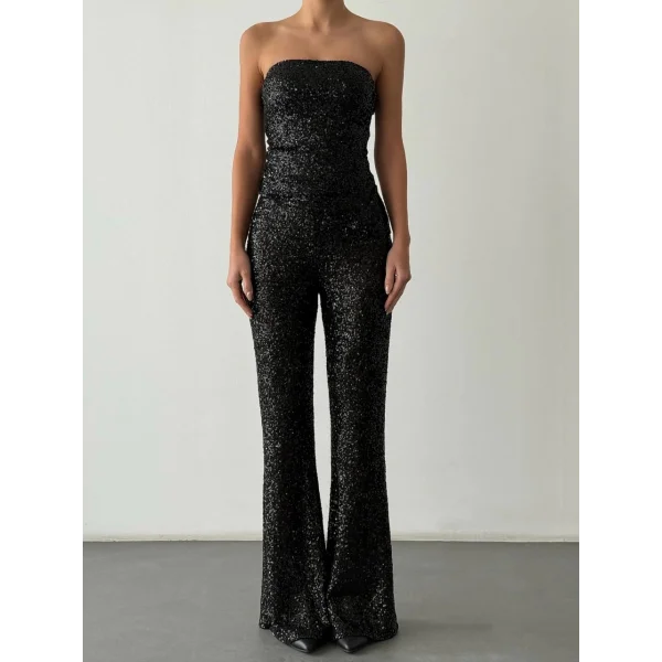 Payetli Straplez Bluz Pantolon Takım-Siyah