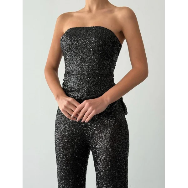 Payetli Straplez Bluz Pantolon Takım-Siyah