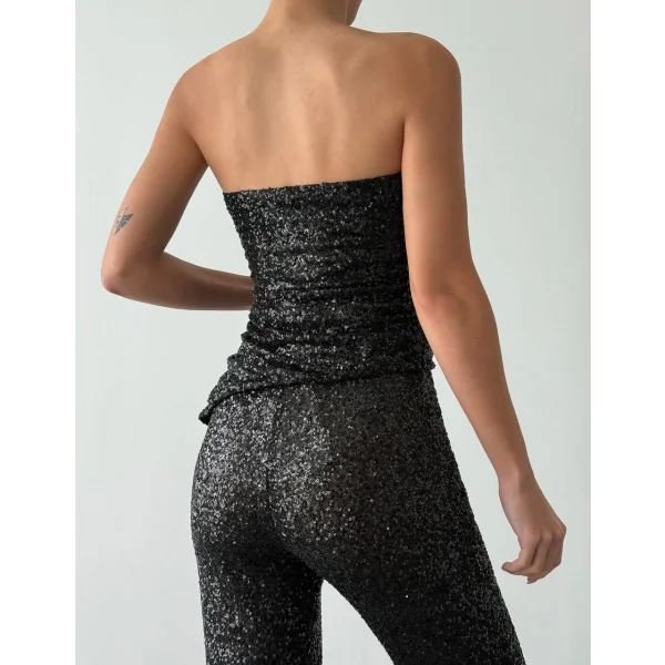 Payetli Straplez Bluz Pantolon Takım-Siyah