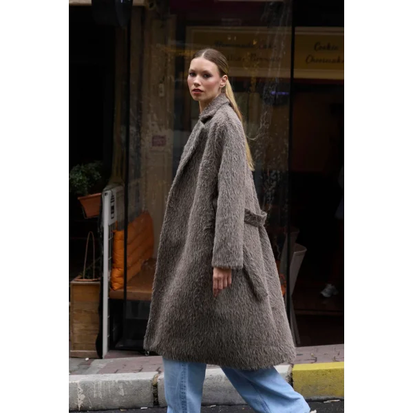 Bağlamalı Tüy Dokulu Vizon Kürk Kaban