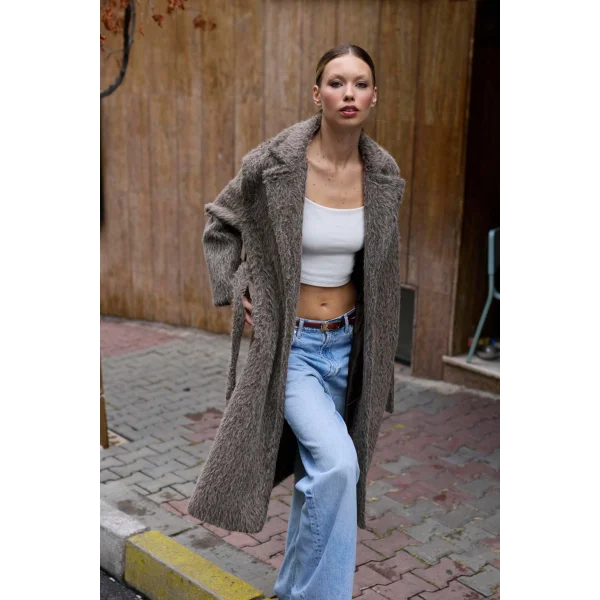 Bağlamalı Tüy Dokulu Vizon Kürk Kaban