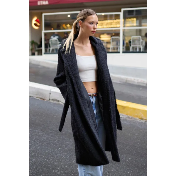 Bağlamalı Tüy Dokulu Siyah Kürk Kaban