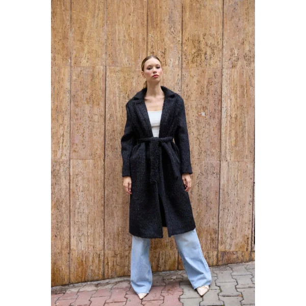 Bağlamalı Tüy Dokulu Siyah Kürk Kaban