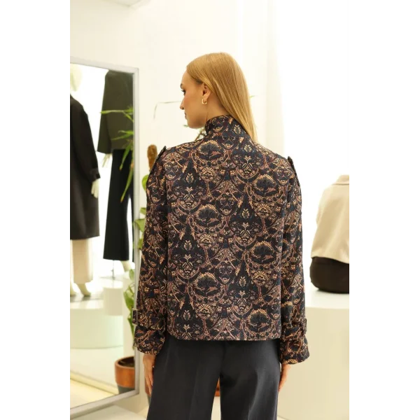 Etnik Desen Kısa Ceket-Lacivert