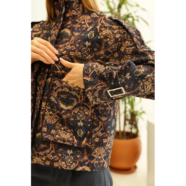 Etnik Desen Kısa Ceket-Lacivert