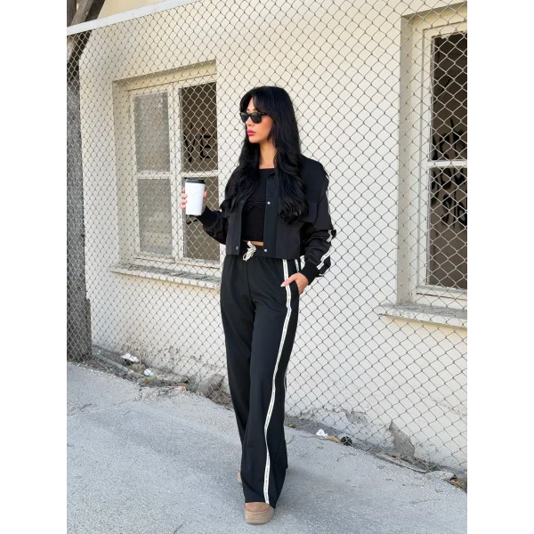 Teknik Kumaş Şerit Detaylı Ceket Pantolon Takım-Siyah