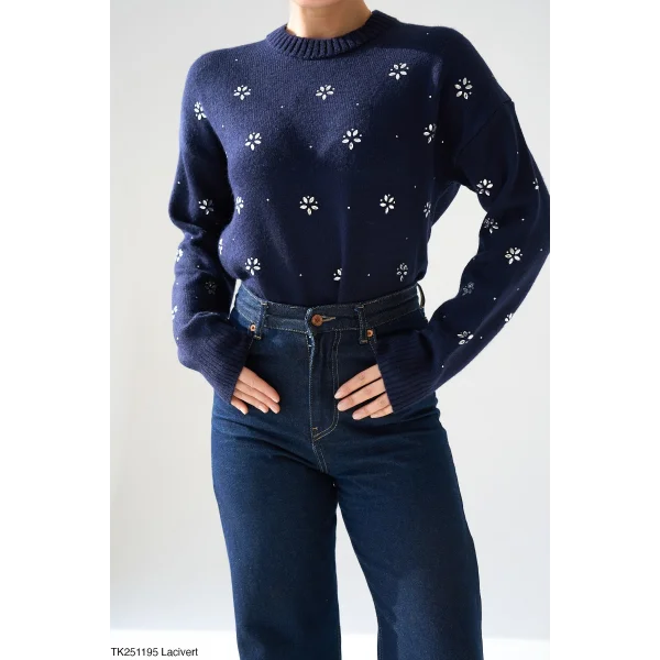 Çiçek Taşlı Triko Lacivert Kazak