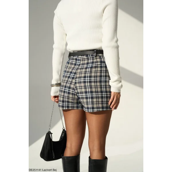 Kemerli Ekose Mini Şort Etek-Lacivert