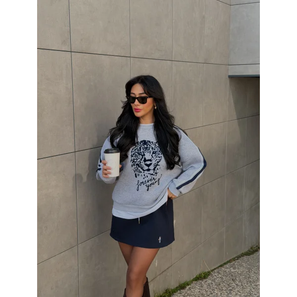 Kabartma Baskı Detaylı Sweatshirt Gri Melanj