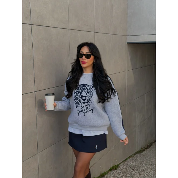 Kabartma Baskı Detaylı Sweatshirt Gri Melanj