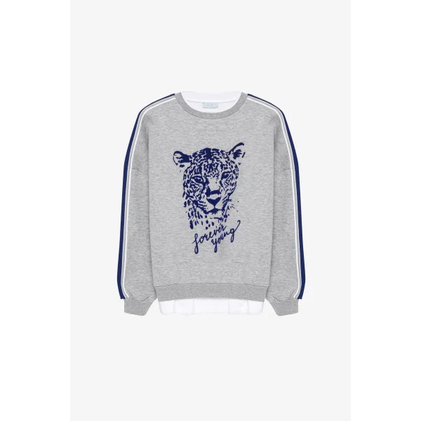 Kabartma Baskı Detaylı Sweatshirt Gri Melanj