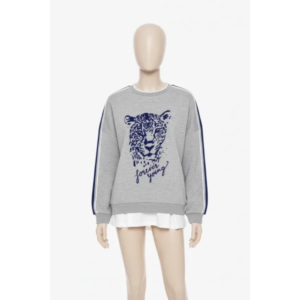 Kabartma Baskı Detaylı Sweatshirt Gri Melanj