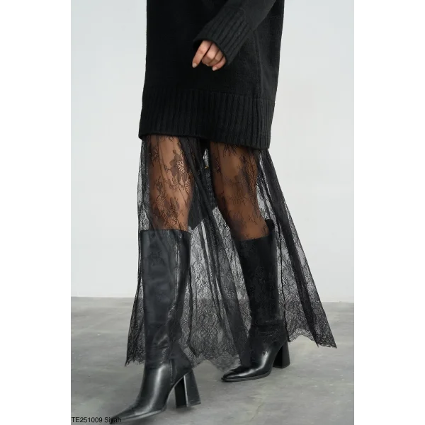 Tül Garnili Triko Elbise-Siyah