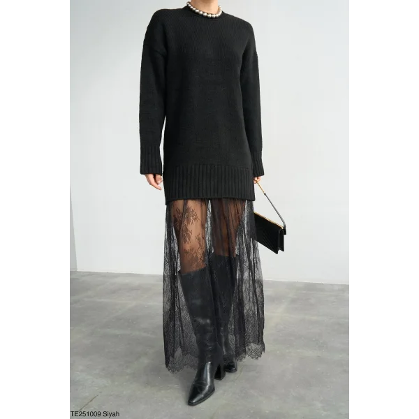 Tül Garnili Triko Elbise-Siyah