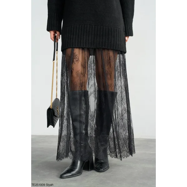 Tül Garnili Triko Elbise-Siyah