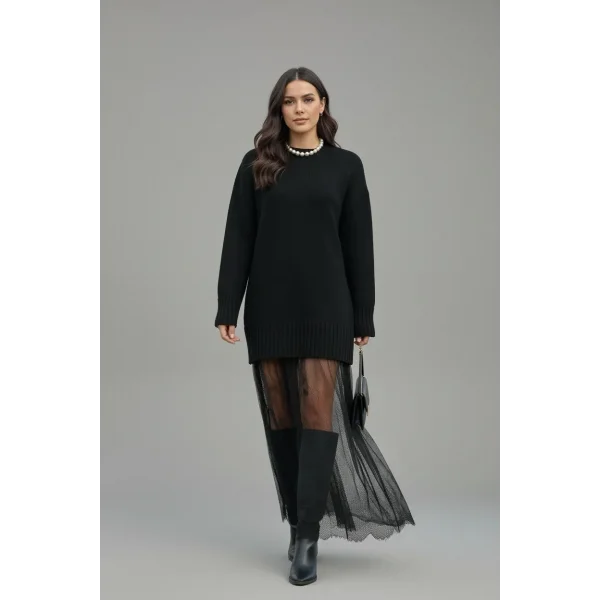 Tül Garnili Triko Elbise-Siyah