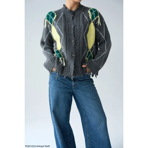 Baklava Desen Saçaklı Hırka-Gri