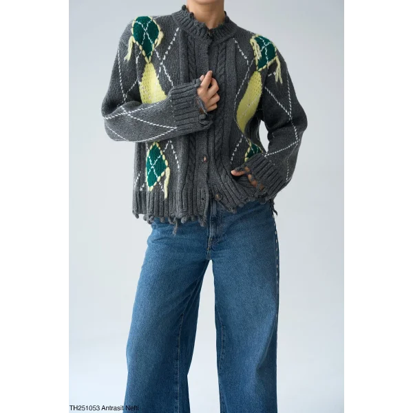 Baklava Desen Saçaklı Hırka-Gri