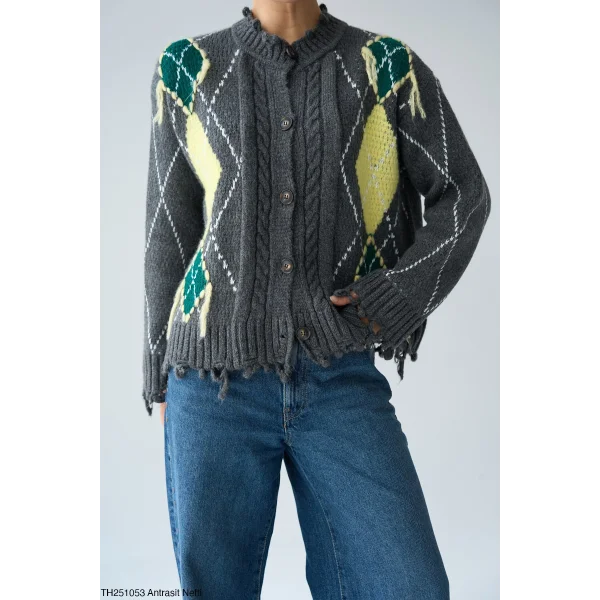 Baklava Desen Saçaklı Hırka-Gri