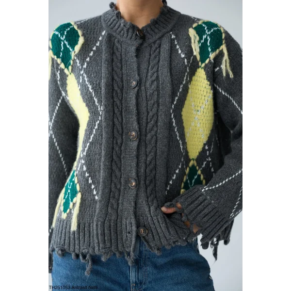 Baklava Desen Saçaklı Hırka-Gri