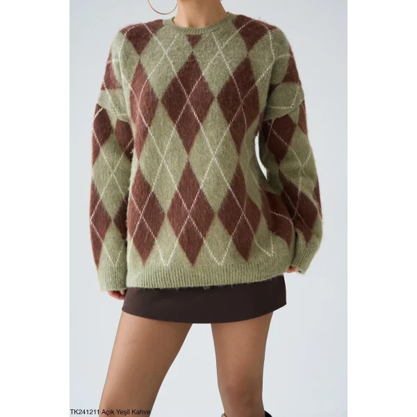 Baklava Desen Uzun Kazak-Yeşil/Kahve