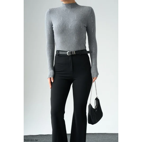 Taşlı Uzun Kol Kazak-Gri