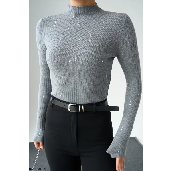 Taşlı Uzun Kol Kazak-Gri