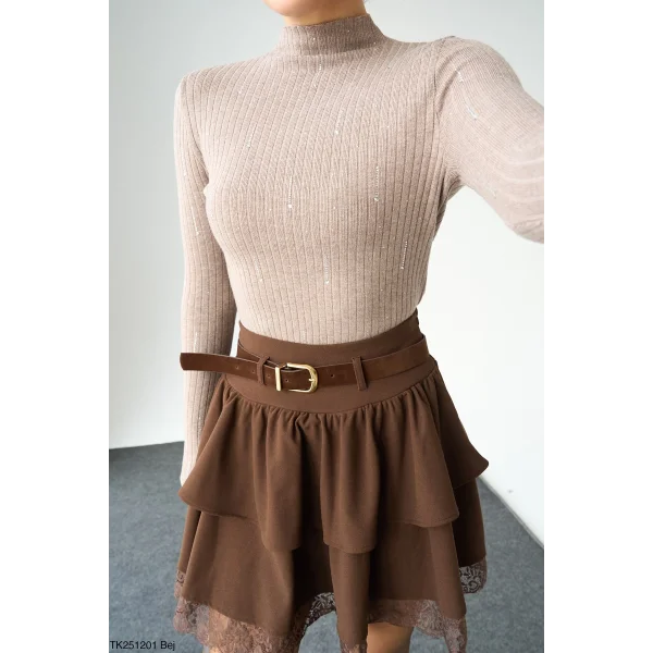 Taşlı Uzun Kol Kazak-Bej