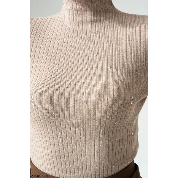 Taşlı Uzun Kol Kazak-Bej