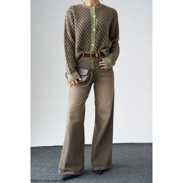 Gold Düğme Desenli Kısa Hırka-Yeşil