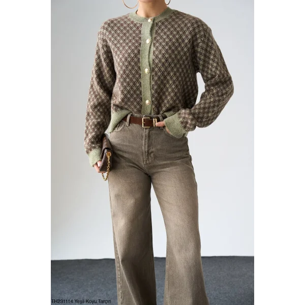 Gold Düğme Desenli Kısa Hırka-Yeşil