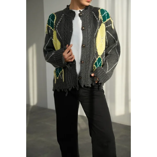 Baklava Desen Saçaklı Hırka-Gri